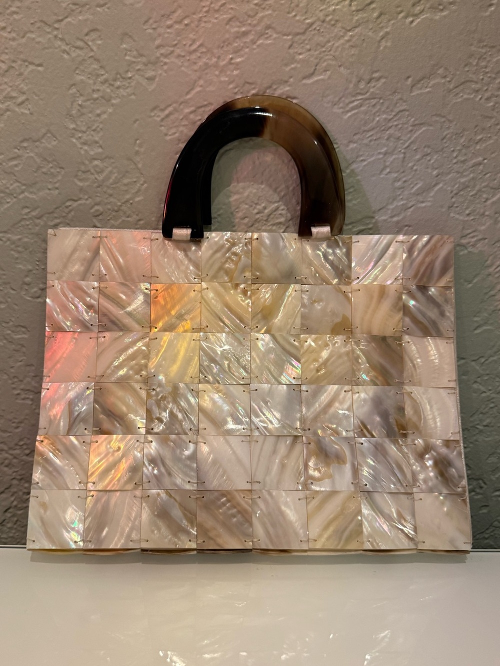 Vintage Mother-of-Pearl Handbag -with silk lining and natural bone handles